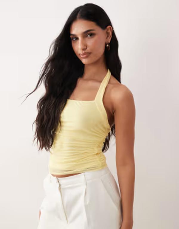 エイソス レディース トップス シャツ ギャザー メッシュ ホルター ASOS DESIGN mesh ruched halter top in yellow イエロー