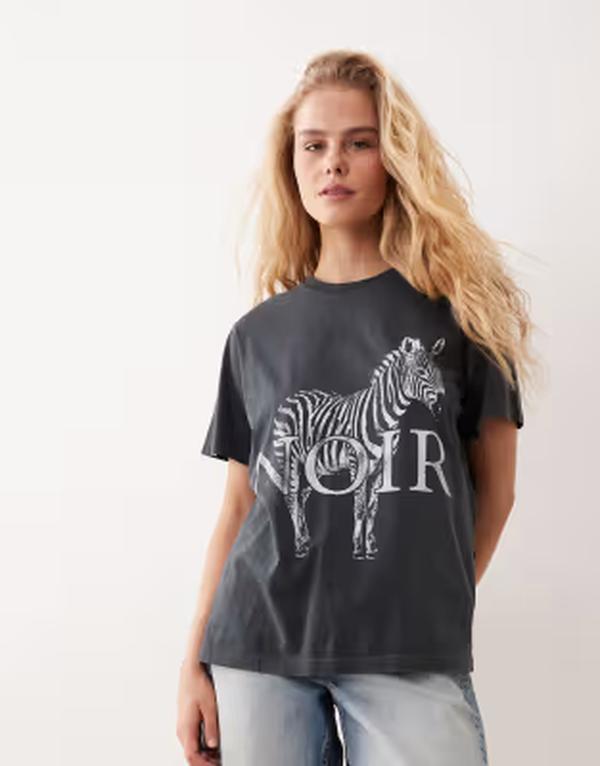 エイソス レディース トップス Tシャツ グラフィック ASOS DESIGN short sleeve t-shirt with Zebra Noir graphic in washed charcoal Washed Charcoal チャコール