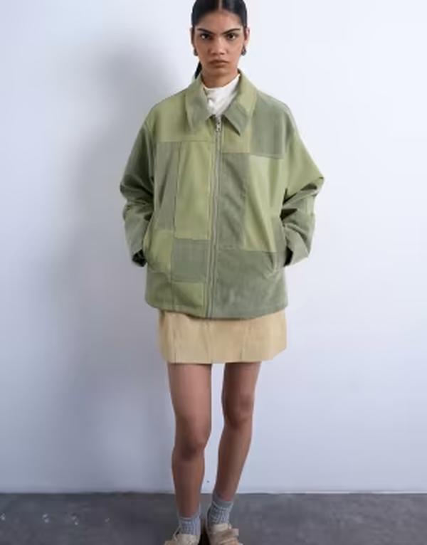 とっ始め販売店 レディース アウター 厚地の外套 パッチワーク スエードクロス 上衣 Topshop faux suede patchwork zip up jacket GREEN 緑であること