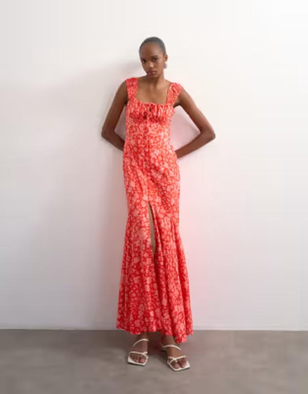 とっ始め販売店 レディース トップス 衣装 御花柄 旗がしら マキシ 御花 Topshop button front cap sleeve maxi sundress ditsy floral Reditsy floral 赤いこと