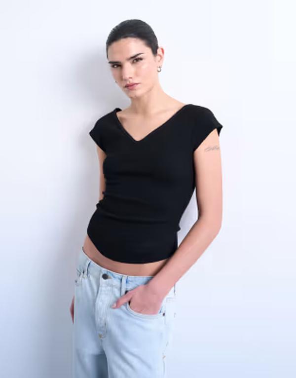 トップショップ レディース トップス Tシャツ Vネック リブ Topshop ribbed v-neck short sleeve tee Black ブラック