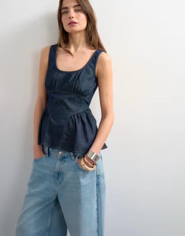 トップショップ レディース トップス シャツ デニム Topshop denim gathered bustop with peplum in mid BLUE ブルー