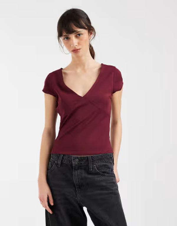 エイソス レディース トップス プルオーバー Vのど首 ASOS DESIGN sculpting v-neck short sleeve top Burgundy バーガンディ