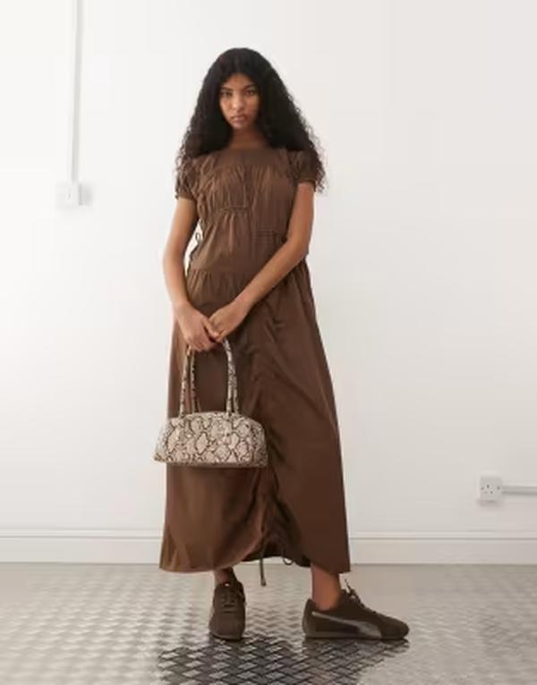 コルージョン レディース トップス ワンピース ミディ COLLUSION multi channel short sleeve midi dress BROWN ブラウン｜ReVida 店