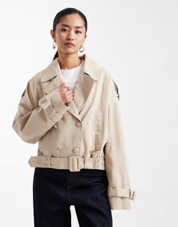 ミスセルフフリッジ レディース アウター ジャケット・ブルゾン クロップド Misselfridge belted cropped trench jacket in stone wash STONE ストーン