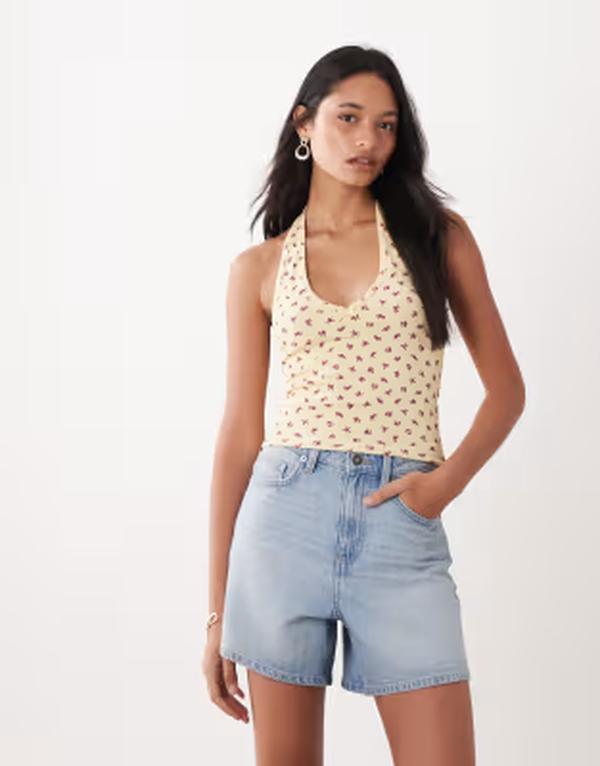 ミスセルフフリッジ レディース トップス シャツ プリント ホルター Misselfridge halterneck top with picotrim detail in yellow ditsy print Ditsy floral イエロー