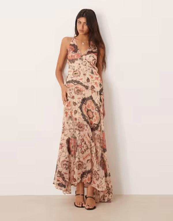 エイソス レディース トップス 衣装 シフォン 刷り上げる マキシ ASOS DESIGN cami chiffon maxi dress paisley print Paisley print 赤銅色