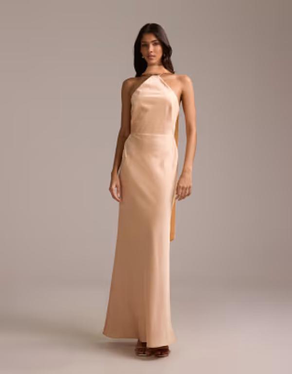 エイソス レディース トップス ワンピース サテン マキシ ホルター ASOS DESIGN bridesmaids halter neck satin maxi dress with scarf detail in apricot アプリコット