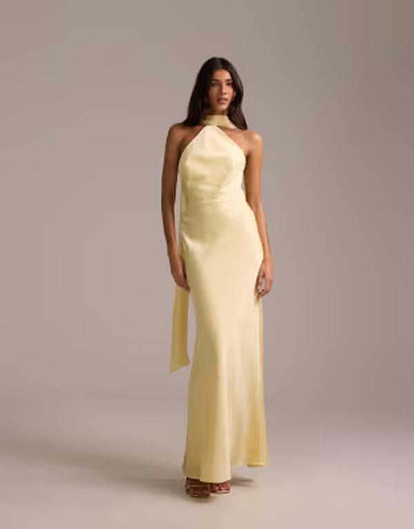 エイソス レディース トップス ワンピース サテン マキシ ホルター ASOS DESIGN bridesmaids halter neck satin maxi dress with scarf detail in lemon