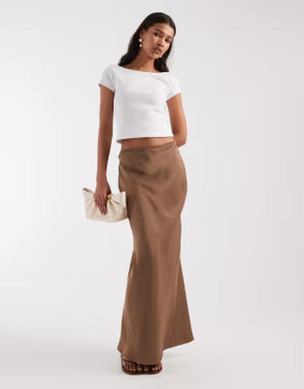 フォース&レックレス レディース ボトムスカート サテン マキシ 4th & Recklessatin column maxi skirt in mocha モカ