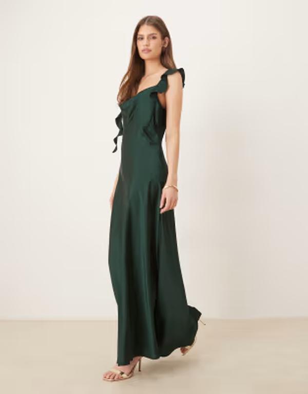 離宮 レディース トップス 衣装 繻子 マキシ VILA cowl neck satin maxi dress with draping frill straps インチ scarab 緑であること