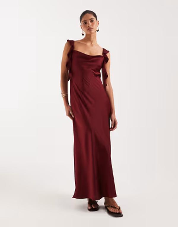 離宮 レディース トップス 衣装 繻子 マキシ VILA cowl neck satin maxi dress with draping frill straps インチ cabernet 赤いこと