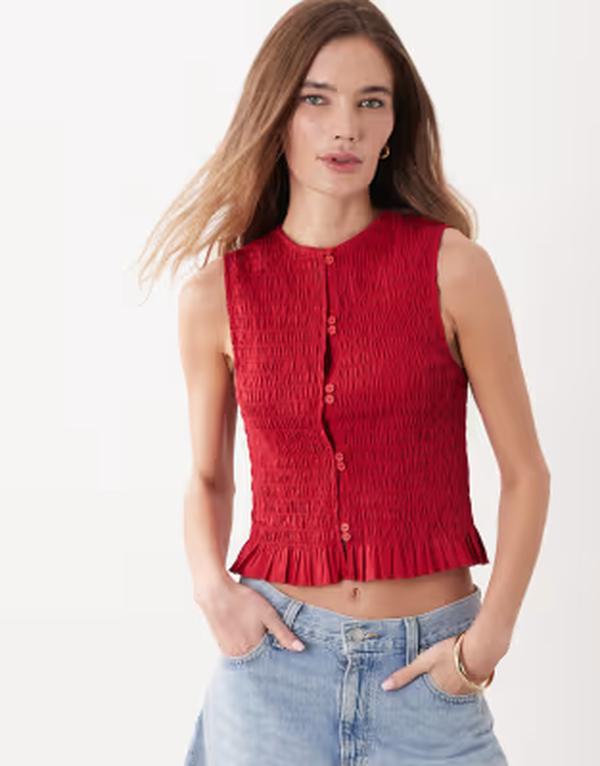 エイソス レディース トップス シャツ ノースリーブ ASOS DESIGN double button shirred sleeveless top Red レッド