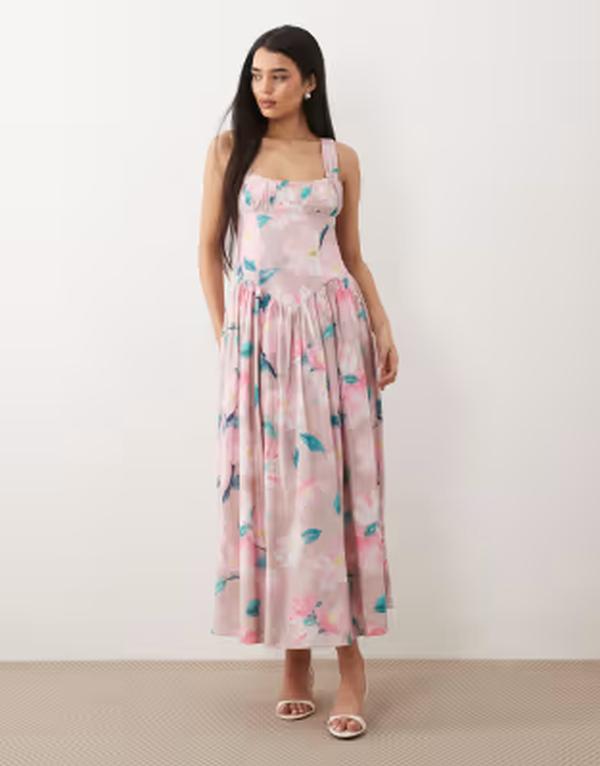 バードット レディース トップス ワンピース フラワー柄 ミディ コットン フラワー Bardot Cartia cotton structured corset detailing midi dress floral Pink Floral ピンク
