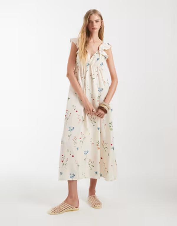 ヴェロモーダ レディース トップス 衣装 V素っ首 御花柄 刷り上げる フラウンス マキシ 御花 Vero Moda ruffle shoulder V-neck maxi dress インチ cream floral print Birch Bina 皮膚軟化剤