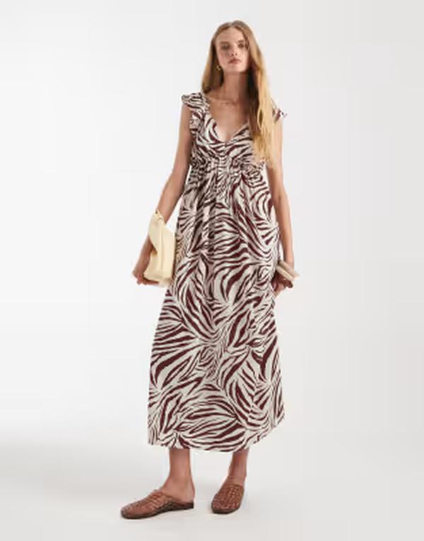 ヴェロモーダ レディース トップス 衣装 V素っ首 刷り上げる フラウンス マキシ Vero Moda ruffle shoulder V-neck maxi dress インチ chocolate zebra print Pumice stone 石ころ