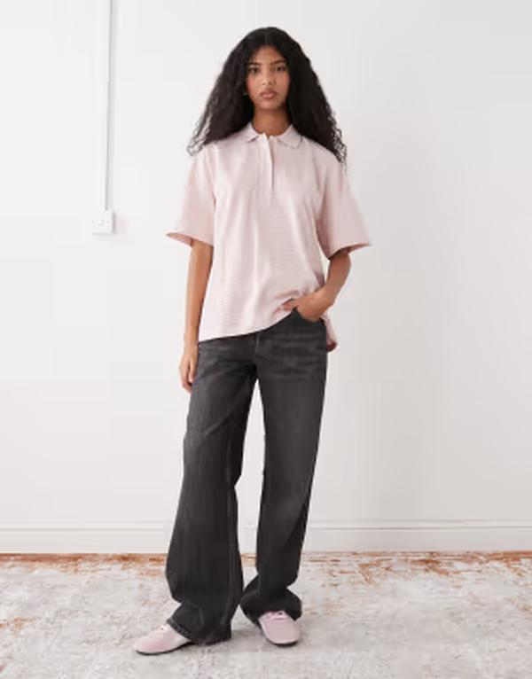 モンキ レディース トップス タンクトップ ポロシャツ Monki oversized rugby polo stripe pink ピンク