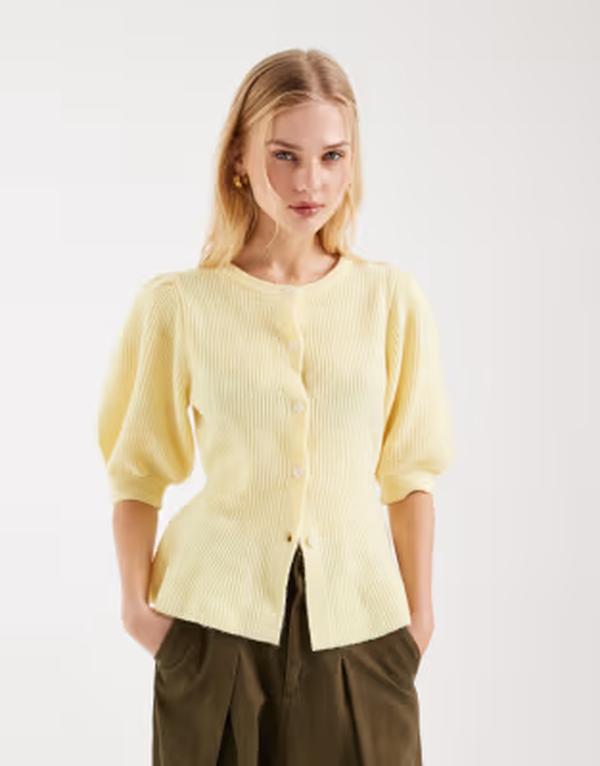 ピーシーズ レディース アウター カーディガン ニット Pieces puff sleeve knit cardigan with waist detail in pale banana Pale Banana Melange