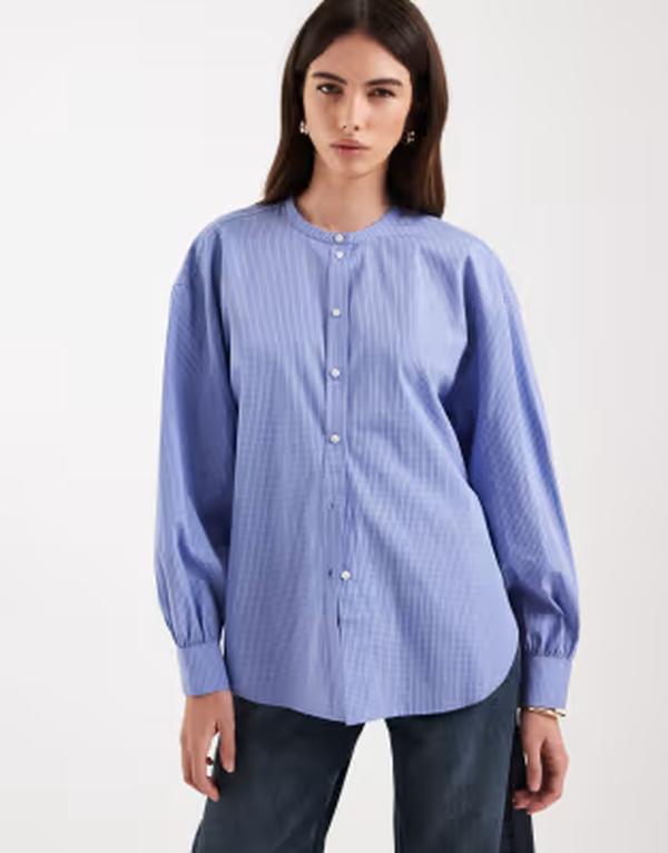 アンドアザーストーリーズ レディース トップス シャツ & Other Stories collarless check shirt with volume sleeves check Blue check ブルー