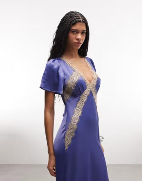 リクレイム ヴィンテージ レディース トップス 衣装 スピード競技 Reclaimed Vintage midaxi dressy dress with lace inserts BLUE 青み