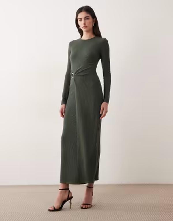 エイソス レディース トップス ワンピース リブニット ミディ ニット ASOS DESIGN rib knit midi dress with gold-tone hardware Khaki カーキ