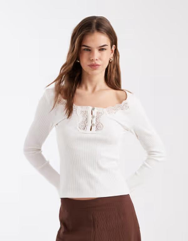 ミスセルフフリッジ レディース トップス プルオーバー リブニット スピード競技 編み物 Misselfridge lace inserts long sleeve rib knitop インチ cream 皮膚軟化剤