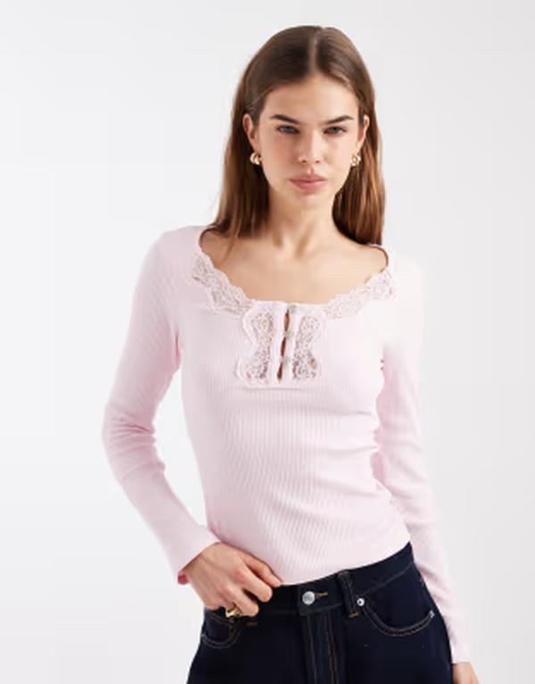 ミスセルフフリッジ レディース トップス プルオーバー リブニット スピード競技 編み物 Misselfridge lace insert long sleeve rib knitopINK サクラ色
