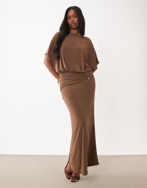 エイソス レディース トップス ワンピース ギャザー マキシ ASOS DESIGN angel sleeve blouson column maxi dress with ruched metal hardware detail in chocolate チョコレート
