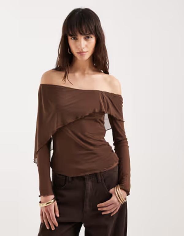 モーテル レディース トップス シャツ アシンメトリー メッシュ Motel Haze off the shoulder asymmetric mesh long sleeve top BROWN ブラウン