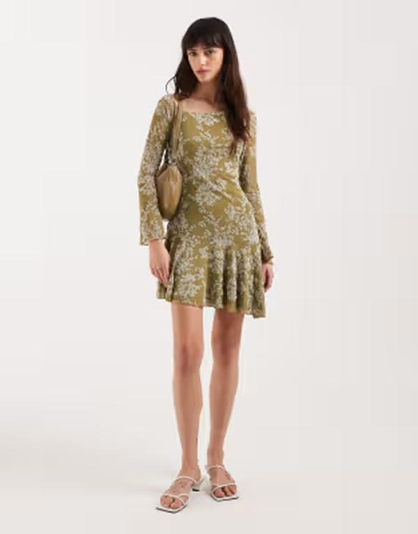 モーテル レディース トップス ワンピース アシンメトリー ミニ Motel Ruhato long sleeve asymmetric mini dress in olive petals OLIVE オリーブ｜ReVida 店