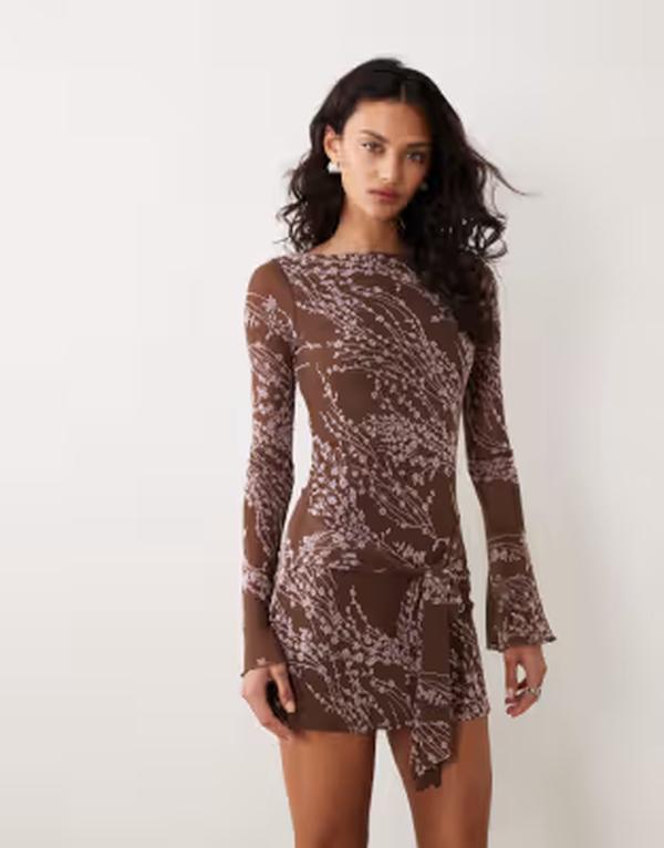モーテル レディース トップス ワンピース ミニ Motel Salira long sleeve tie waist mini dress blossoms BROWN ブラウン|ReVida 店