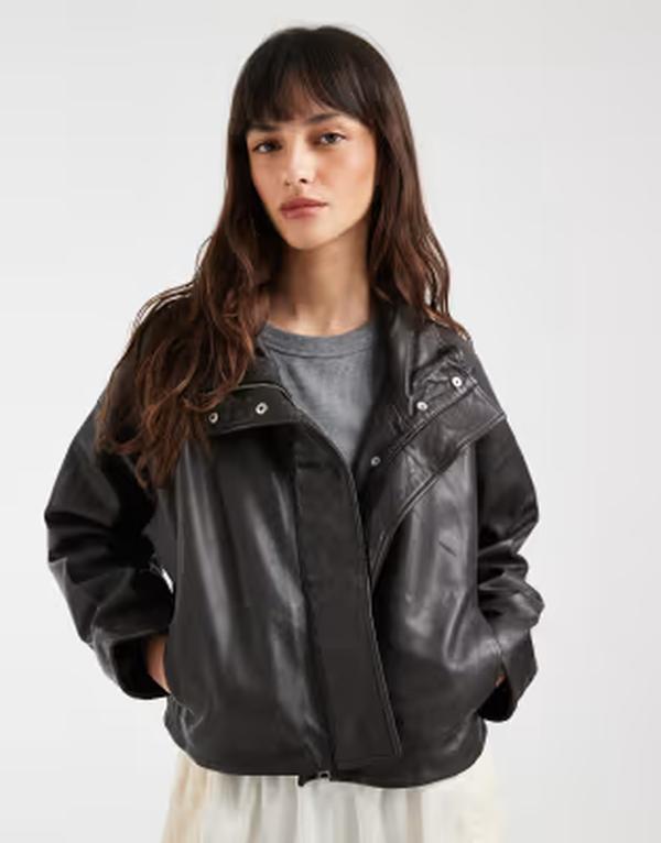 オールセインツ レディース アウター 上衣・上衣 照明ランプ素っ首 なめし革 AllSaints Ryder funnel neck relaxed leather jacket BROWN 赤銅色
