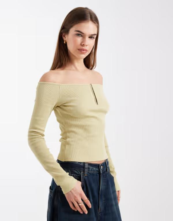 エイソス レディース トップス プルオーバー ASOS DESIGN off shoulder top withook and eye detail インチ lime GREEN 菩提樹