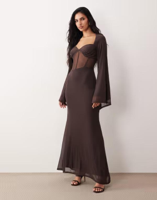 エイソス レディース トップス 衣装 メッシュ マキシ ASOS DESIGN mesh fluted sleeves corset detailing maxi dress インチ chocolate Brown 赤銅色