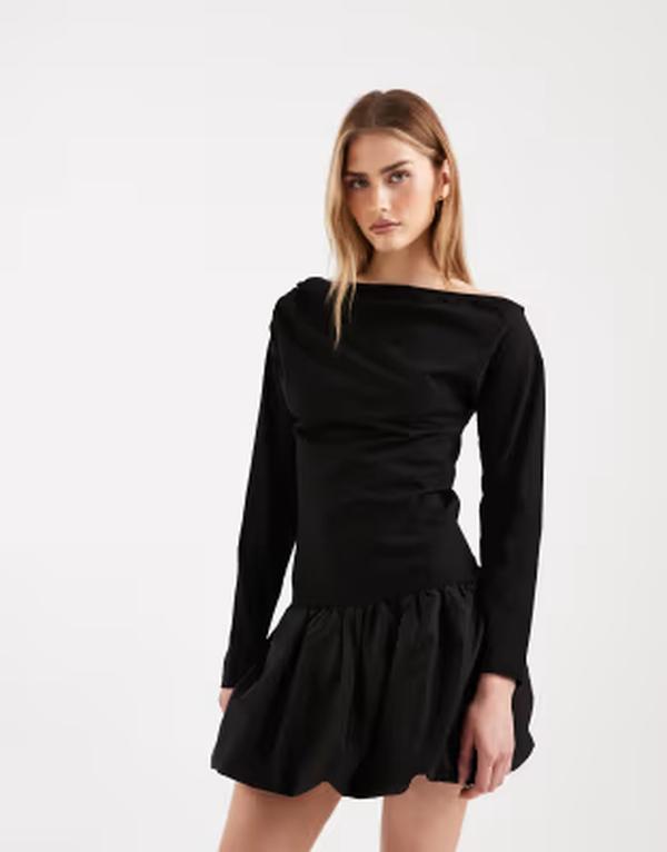 エイソス レディース トップス ワンピース ミニ スカート ASOS DESIGN fallen shoulder with bubble skirt mini dress Black ブラック