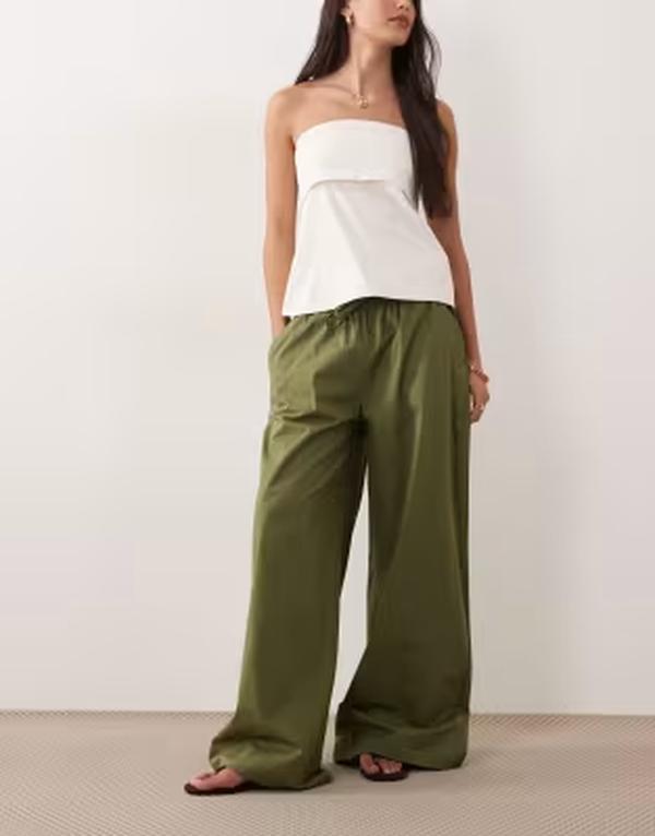 エイソス レディース ボトムス 心地好いズボン下 ワイドレッグ ドローコードウエスト ASOS DESIGN pull-on drawstring waist wide leg pants インチ olive オリーブ
