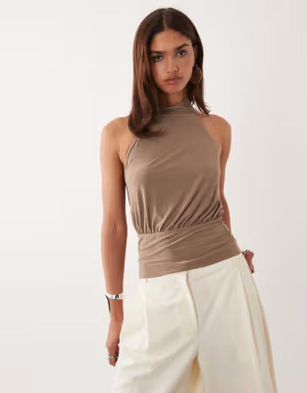 エイソス レディース トップス シャツ ウエストマーク ASOS DESIGN cinched waist slinky top Chocolate チョコレート
