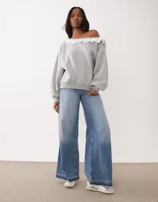 エイソス レディース トップス プルオーバー タイ王国科目 ASOS DESIGN fallen shoulder top with tie detail Gray 薄墨色