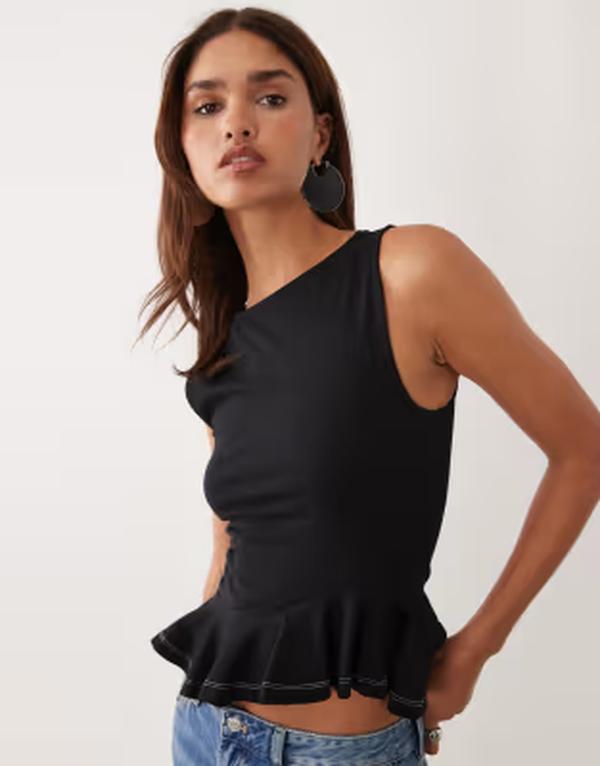 エイソス レディース トップス プルオーバー 対比 ASOS DESIGN peplum curved hem top with contrastitching Black 黒いこと