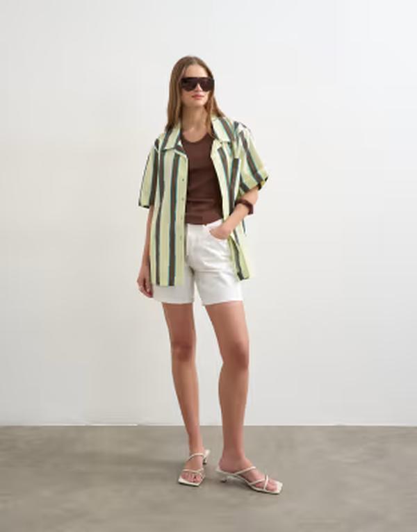トップショップ レディース トップス シャツ リネン Topshop linen look resort shirt in lime and chocolate stripes Multi マルチカラー|ReVida 店