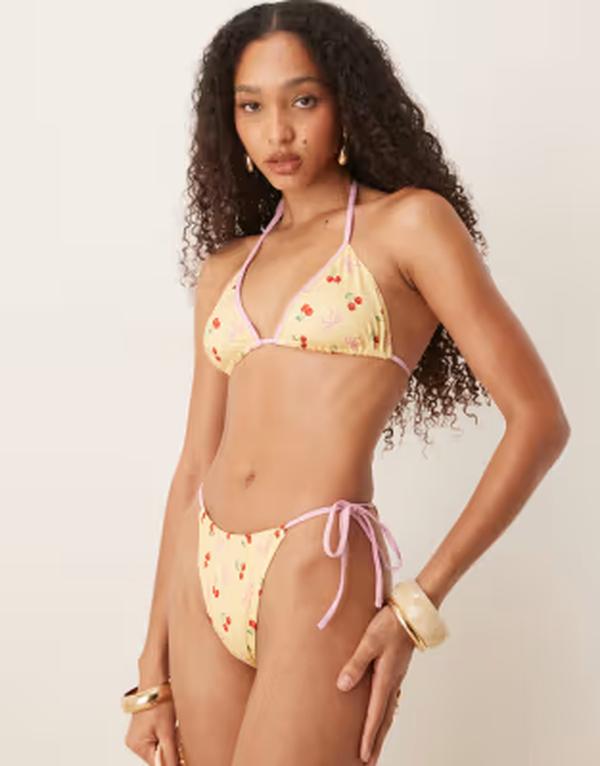 エイソス レディース 水着 ボトムスのみ プリント ASOS DESIGN Brielle bow and cherry printie side bikini bottom in yellow イエロー