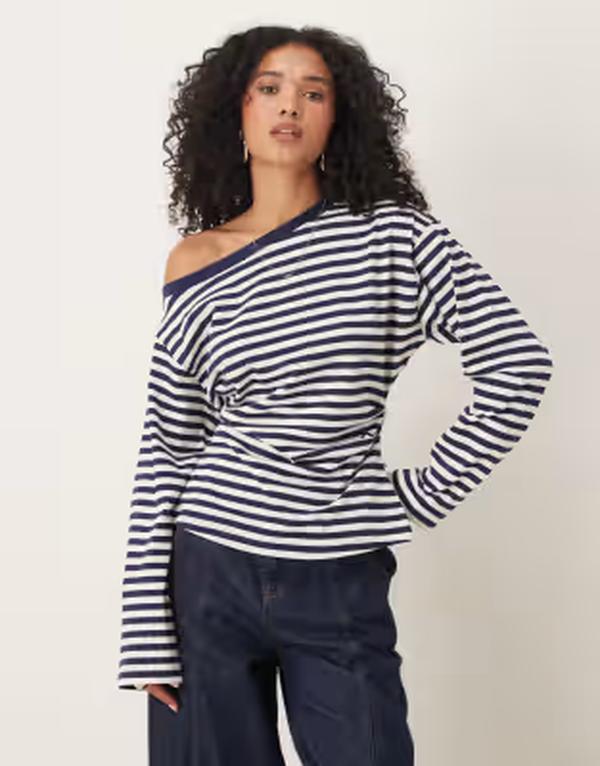エイソス レディース トップス プルオーバー ASOS DESIGN long sleeve off the shoulder corset waistee stripes Navy stripe 米国海軍
