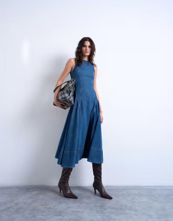 トップショップ レディース トップス ワンピース ミディ デニム Topshop denim dropped waist seam detailing midi dress in mid BLUE ブルー｜ReVida 店