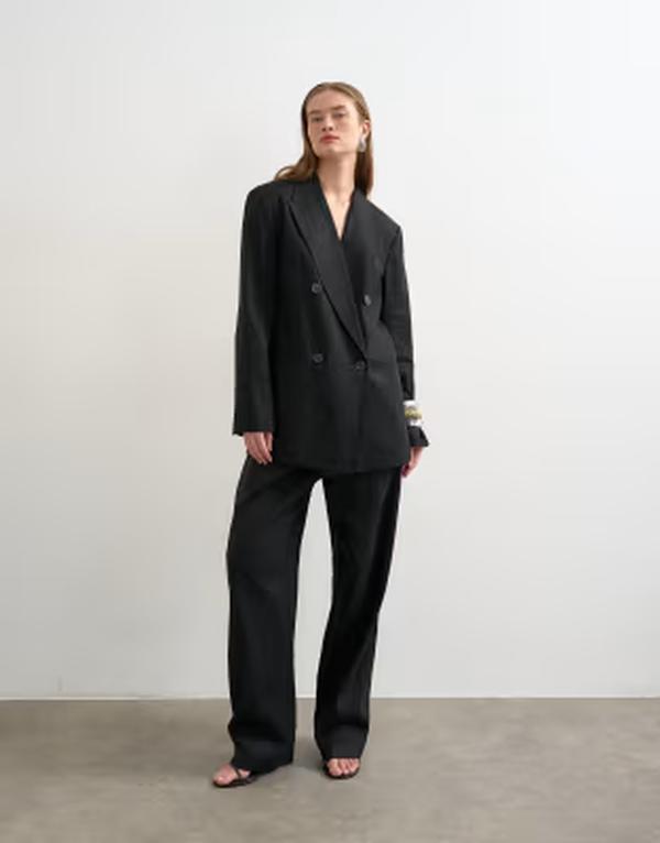 トップショップ レディース ボトムス カジュアルパンツ リネン Topshop linen blend barreleg pants black ブラック|ReVida 店