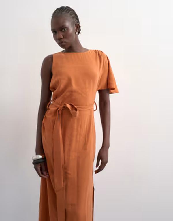 とっ始め販売店 レディース トップス 衣装 非対称 マキシ Topshop asymmetric sleeve tie waist cupro maxi dress インチ burnt brown 赤銅色
