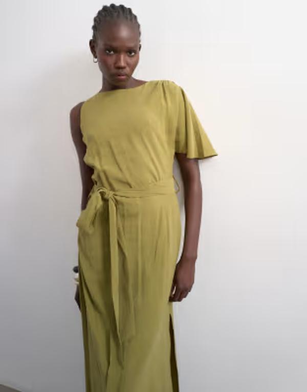 トップショップ レディース トップス ワンピース アシンメトリー マキシ Topshop asymmetric sleeve tie waist cupro maxi dress Khaki カーキ