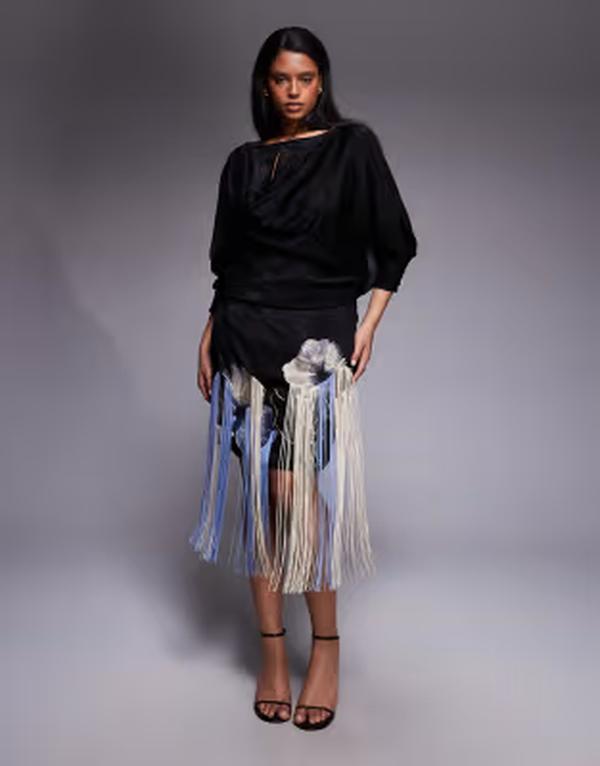 エイソス レディース トップス ワンピース ミニ サテン 刺繍 ASOS Curve ASOS DESIGN Curve satin embroidered mini dress with fringing Black ブラック