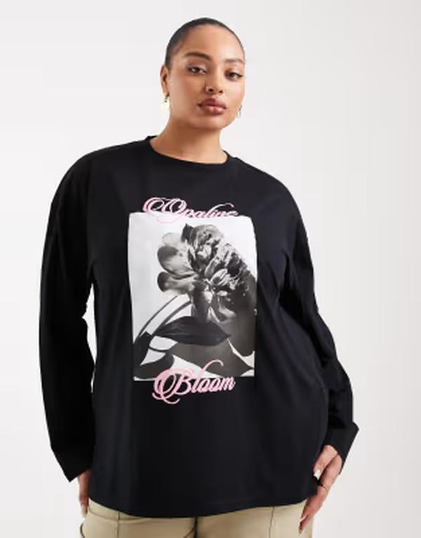 エイソス レディース トップス Tシャツ グラフィック ASOS Curve ASOS DESIGN Curve long sleeve T-shirt with Bloom graphic Black ブラック
