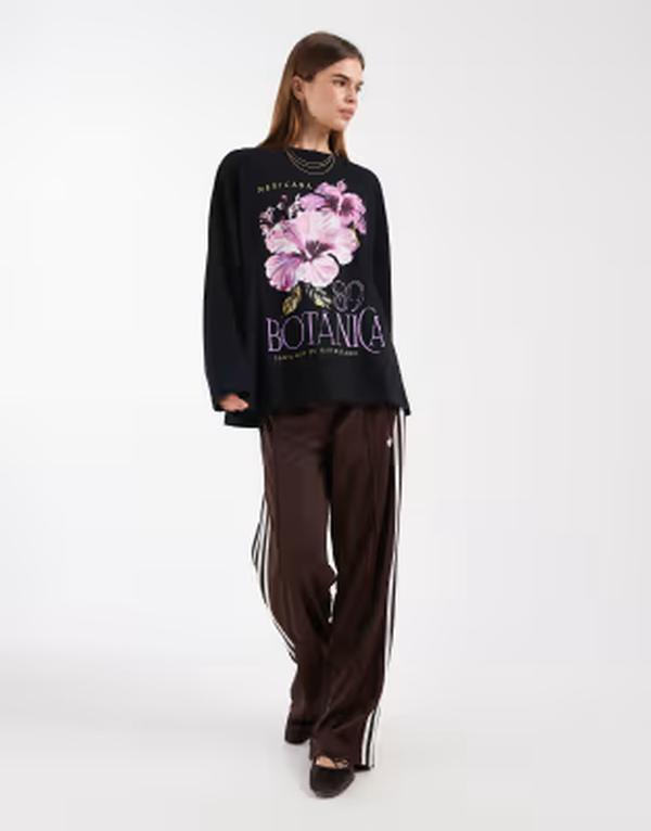 エイソス レディース トップス Tシャツ グラフィック ASOS DESIGN long sleeve T-shirt with botanica graphic Black ブラック