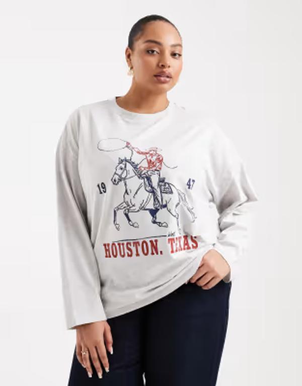 エイソス レディース トップス プルオーバー グラフィック ASOS Curve ASOS DESIGN Curve long sleeve T-shirt with Texas graphic インチ ice heather Ice Marl マール